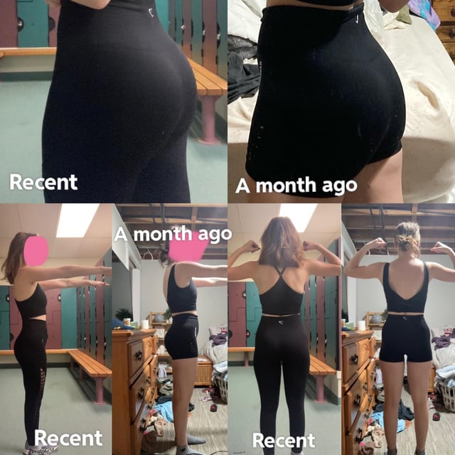 F/25/5’3” [118lbs=118lbs, 1 month] I’ve been going to the gym for a month now and I can’t tell if I’m making progress! Leggings are recent pics.